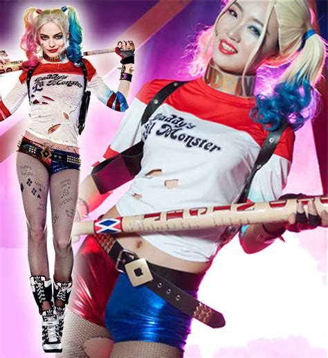 Complete Harley Quinn Suicide Squad Costume T Shirt Shorts Fishnet