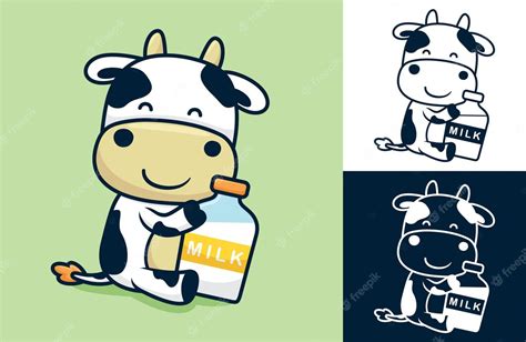 Premium Vector Cute Cow Sitting While Holding Big Milk Bottle