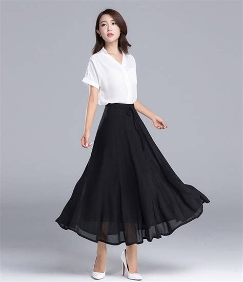 Black Chiffon Skirt Midi A Line Pleated Chiffon Skirt Etsy