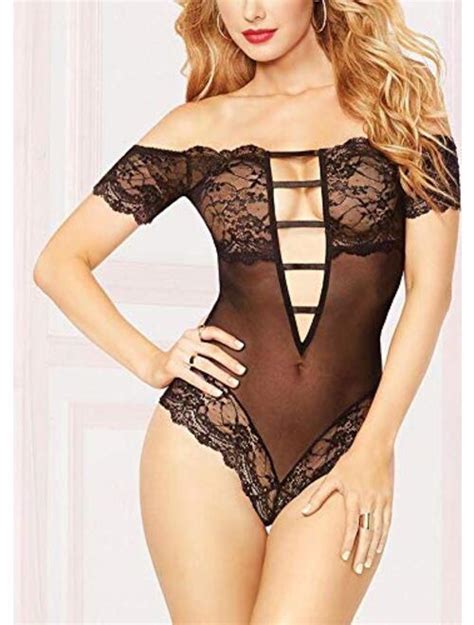 Buy Plus Size Lingerie For Women Sexy Off Shoulder See Through Sheer Mesh Plunging Lace Trim