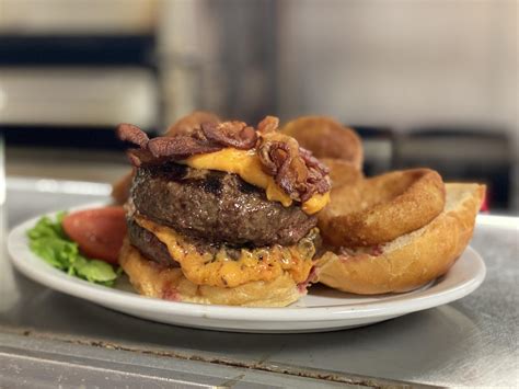 Double Bacon Cheeseburger With Beer Battered Soft Cheddar And Onion