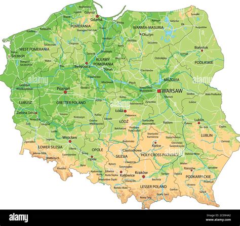 Mapa Físico De Polonia Con Alto Detalle Y Etiquetado Imagen Vector De