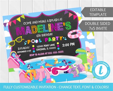 Editable My Little Pony Pool Party Birthday Party Invitation Etsy