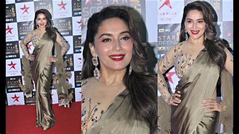 Madhuri Dixit Looks Gorgeous In Golden Saree At Star Screen Awards 2018
