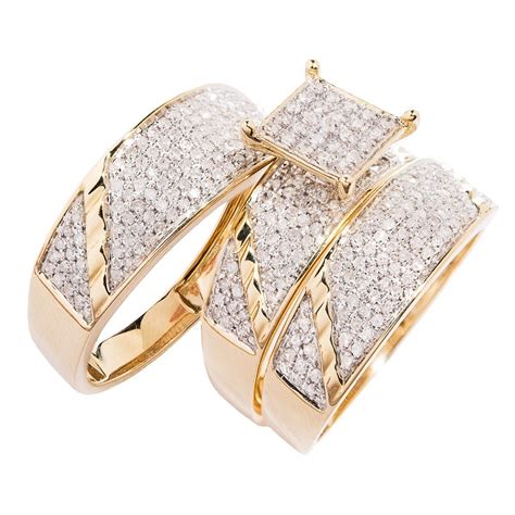 10k Yellow Gold Square Head Diamond Trio Wedding Ring Set 1 10 Ctw G H