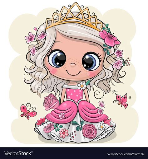 Cute Cartoon Little Princess In A Pink Dress With Flowers On A Yellow
