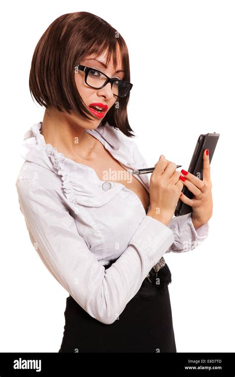 Sexy Secretary With Red High Heels And Glasses Using Tablet Stock Photo
