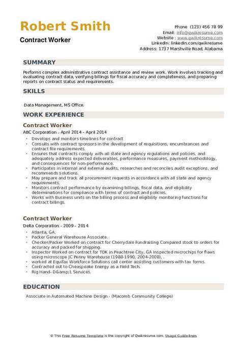 Contract Worker Resume Samples Qwikresume