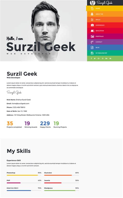 Latest collection of free hand picked html css resume templates, cv/resume templates examples. Geek Colorful Personal Portfolio Resume HTML Template