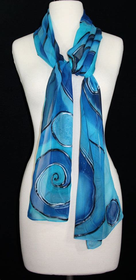 Blue Silk Scarf Hand Painted Chiffon Shawl Blue Planets Silk Etsy