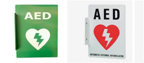 White Wall Mount Aed Wall Sign Green Plastic Defibrillator Aed V Sign