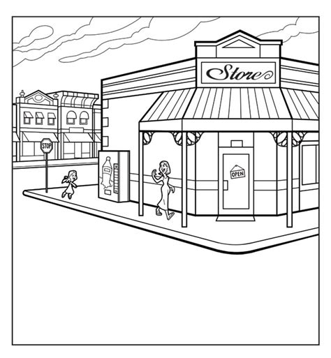 Corner Store Drawing Sketch Coloring Page