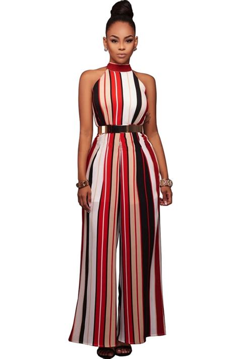 classy halter wide legged rompers women striped jumpsuit