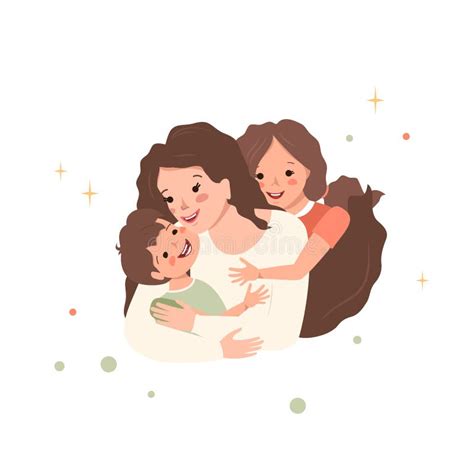 Mamá Abraza A Hija E Hijo Feliz Día De La Madre Mujer Cuida De Niño Y