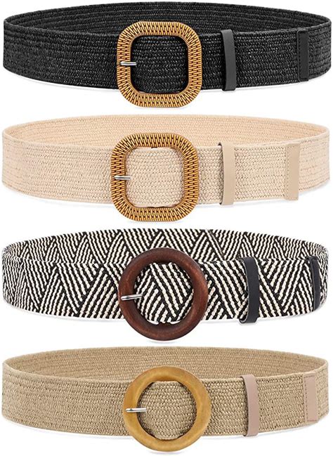 Whippy Set Of 4 Straw Woven Elastic Stretch Waist Belts For Women