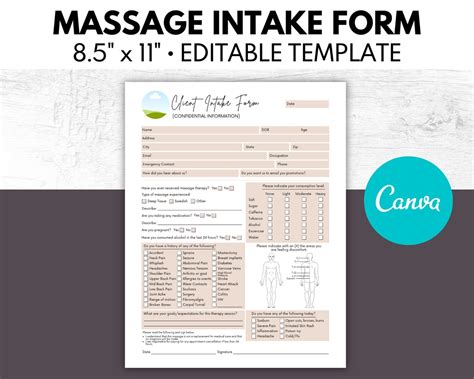 Massage Intake Form Massage Consent Form Massage Therapist Etsy