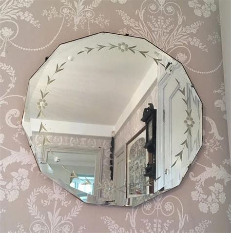 Vintage Beveled Edge Round Mirror With Etched Flowers Art Deco Etsy