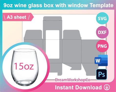 Oz Wine Glass Box Template Sublimation Canva Ms Word Etsy Box Template Glass Boxes Wine