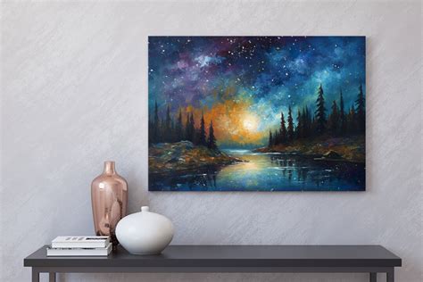 Starry Night Sky Landscape Painting On Canvas Moon Painting Etsy