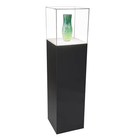 gloss black laminate lighted pedestal display case with acrylic cover shoppopdisplays
