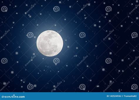 Bright Full Moon And Twinkle Stars In Dark Blue Night Sky Stock Photo