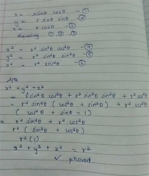 If x=r sin theta cos alpha ,y= r sin theta sin alpha and z = r cos theta.Prove that x^2+y^2+z^2 ...