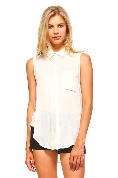 Exclusive Womens Sleeveless Sheer Button Down Blouse Cream Small