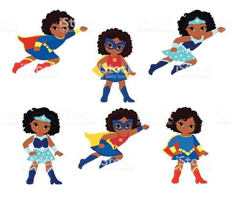 African American Cute Superhero Girl Vector Clip Art Set Superhero