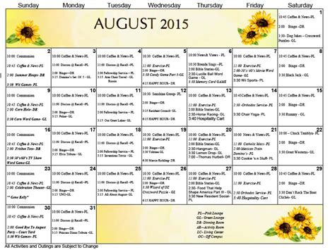 August Activity Calendar For Seniors
