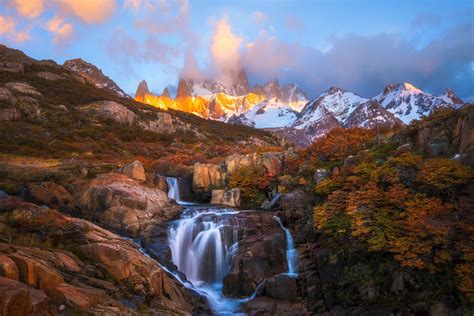 Scenery Mountains Autumn Waterfalls South America Patagonia