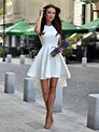 A line round neck white short prom dresses, Short white high low forma ...