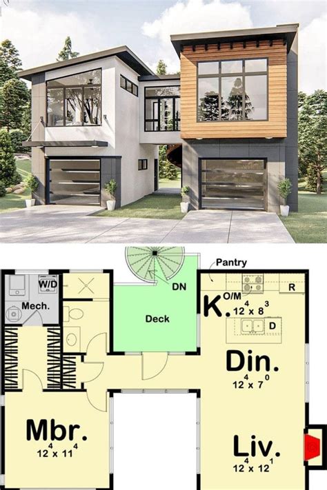 Contemporary Carriage Home Floor Plan Connects Two Sections With Upper
