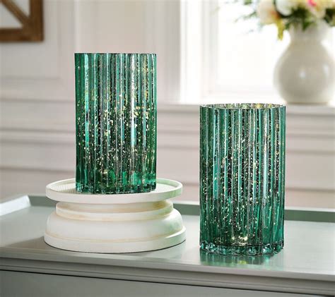 Set 2 Spruce Green Illuminated Mercury Glass Hurricanes By Valerie Qvc