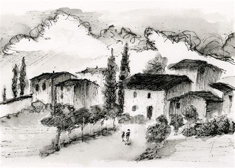 Italian Landscape Ink Wash Village Ink Drawing Art Print Etsy