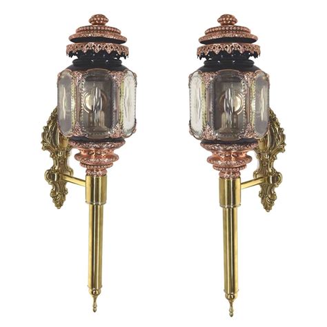 Superb Pair Of Antique English Brass Carriage Lamps Of Large Size