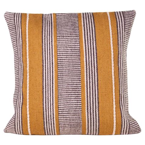 Handwoven New Boho Wool Throw Pillow In Ochre And Grey For Sale At