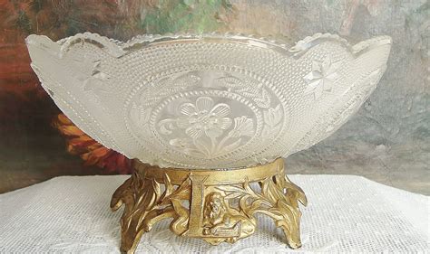 beautiful antique pressed glass pedestal fruit bowl centerpiece with l monogram circa 1900
