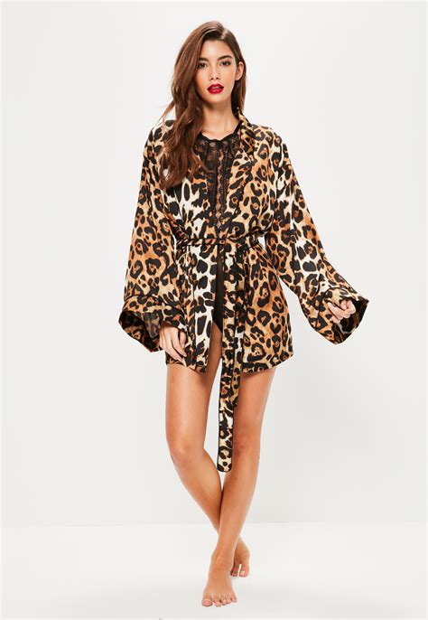 lyst missguided brown leopard print kimono robe in brown
