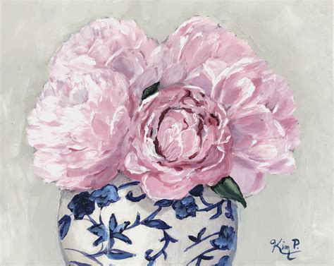Original Painting Pink Peonies In Blue And White Vase Chinoiserie