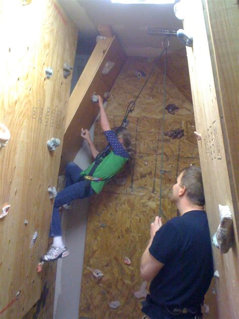 The individual walls are formed from a lumber framework attached to an existing structure (e.g., your garage wall) or supported by its own structure, then the framework is sheeted with plywood, creating the climbing surface. Homemade rock climbing wall | DIY | Pinterest