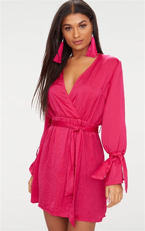 Hot Pink Satin Wrap Cuff Detail Shift Dress Prettylittlething