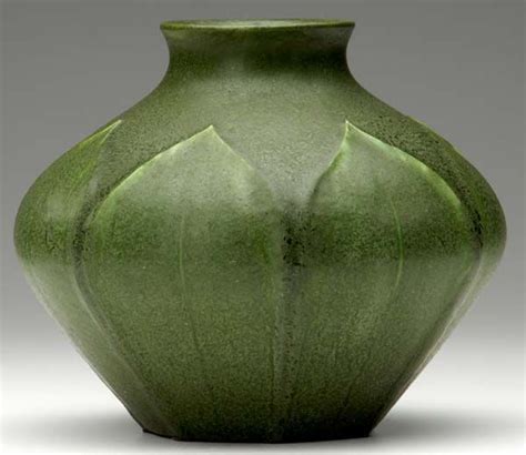 Grueby Pottery Squat Vessel With Tooled And Applied Leaves Covered