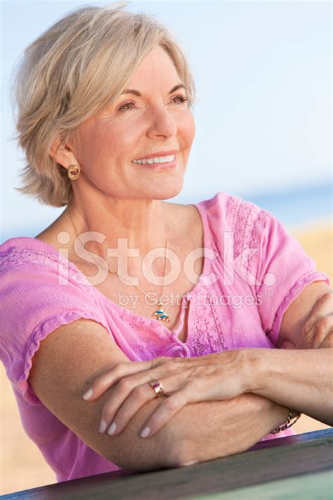 Happy Attractive Senior Woman Sitting Outside Stock Photo Royalty