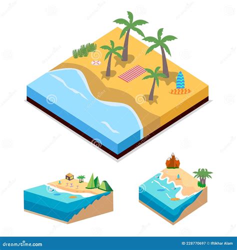 2 5d sandy beach landscape vector design sandy beach collection with lifebuoy and surfboard