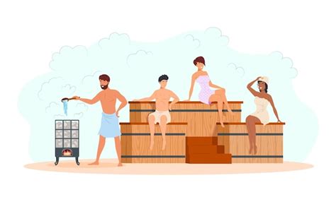 Premium Vector Diverse People Wearing Towels Relaxing At Sauna With Heat Steam Broom