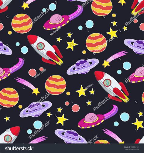 Spacethemed Pattern Space Stars Rocket Ufo Stock Vector Royalty Free