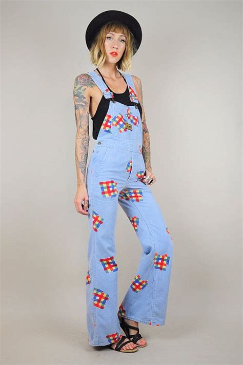 On Sale Plaid Patchwork 70s Overalls Flared Novelty Dungarees