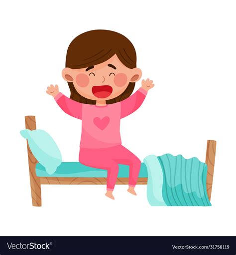 Girl Character Sitting On Bed And Yawning Waking Vector Image
