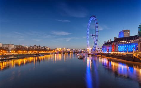 London England River Thames Ferris Wheel Night City Reflection
