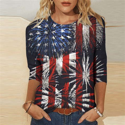 4th Of July 34 Sleeve Shirts For Women 2023 Dressy Summer American